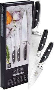 Professional Sabatier Kitchen Knife Set - 3 Piece. Paring, Utility & Chef’s Knives. Full Tang Sharpe, Blade. Taper Ground Carbon Steel. Twin Rivet Handles. by Taylors Eye Witness.