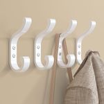 White Wall Hooks Hanging Coats - Coat Hooks Wall Mount, Coat Hanger, Bathroom Towel Hooks Wall Mounted, Hooks for Clothes, Backpack, Hat, Keys, Bag, Screw in Wall Hooks, Metal Hooks, 4 Pack