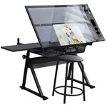 Waful Height Adjustable Drafting Tables, Glass Drawing Art Table, Tilting Tabletop Paintings Work Station Artist Table Chair Chair-2 Storage Drawer for Reading Writing Art Craft Work Station (Black)