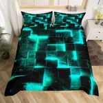 Black Teal Abstract Comforter Cover Gradient Square Bed Set, Geometry Grid King Duvet Cover Neon Checkered Bedding Set King, Glowing Plaid Bedspread Cover Modern Room Decor 3pcs (Black Reversible)