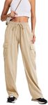 PINSPARK Womens Cargo Pants Hiking Athletic Quick Dry Pant Lightweight Adjustable Elastic High Waist Wide Leg Joggers Y2k with Pockets, Khaki, Medium