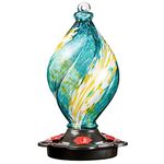 LUJII Ice Cream Shaped Spiral Hummingbird Feeder for Outdoors Hanging, Hand Blown Glass, 28 fl.oz, Leak Proof & Rustproof, Includes Metal Hook, Unique & Stylish Glass Art & Decor, Teal