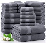 24 piece Towels for Bathroom - 100% Cotton, Oversized Bath Towels, Quick Dry Spa Towels, 2 Extra Large Bath Sheet, 4 Bath Towel, 6 Hand Towel, 8 Wash Cloths,4 Fingertip Towels - Cool Grey