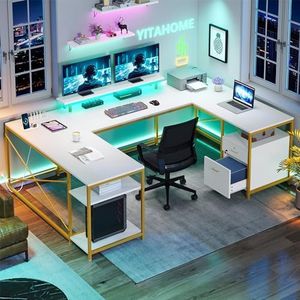 YITAHOME U Shaped Desk with Power Outlets & LED Lights, 79" Reversible L Shaped Desk with Drawers, Corner Computer Desk Office Desk with Monitor Stand & Storage Shelves, White & Gold