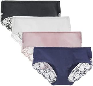 LIQQY Women's 4 Pack Cotton Mid Rise Full Coverage Lace Hipster Brief Panty Underwear (Small, Black/Navy/Pink/White)