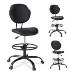 Drafting Chair with Back Support, Tall/High Desk Rolling Stool with Footrest Ring, Faux Leather Office Chair with Height Adjustable for Standing Desk, Home Office, Bar, Workbench & Kitchen(Black)