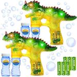 Haktoys Jurassic Dinosaur Light Up Bubble Gun Shooter (2-Pack) Lights, Extra Refill Bottles, Sound-Free (Complementary Batteries Included) Bubble Blower for Toddlers, Kids, Parties
