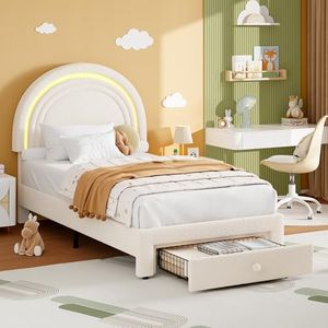 GarveeHome Twin Upholstered LED Bed Frame - with Storage Drawer and Rainbow Headboard, Berber Fleece Princess Platform Bed for Kids, Solid Wood Slat Support, No Box Spring Needed, Easy Assembly, Beige