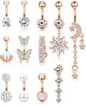 Drperfect 12 Pcs 14G Belly Button Rings Dangle Belly Rings for Women 316L Stainless Steel Butterfly Skull Hand with Opal Clear CZ Navel Rings Belly Body Piercing Jewelry