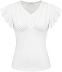 Belle Poque Ruffle Sleeves Blouses for Women Casual V Neck Top Cotton T-Shirt White S