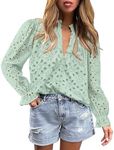 PRETTYGARDEN Women's Dressy Casual Blouse Tops Fall Puff Long Sleeve Button V Neck Hollow Out Lace Embroidered Shirts (Light Green,XX-Large)