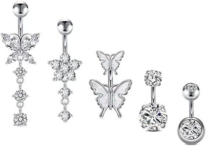 Incaton 14G Belly Button Rings, Stainless Steel Diamond Belly Rings For Women, Dangle Belly Button Rings With Butterfly, 6mm Short & 10mm Bar Navel Piercings, Metal, cubic zirconia