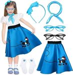 AOTHSO 1950s Girls Poodle Skirt 50s Costume Accessory Set of 6, Headband Glasses Scarf Socks Outfit Halloween Costume, Blue, 8-10 Years