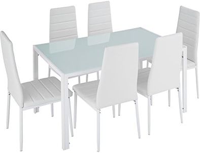 TecTake® Set di Mobili per Sala da Pranzo, 6 Sedie in Similpelle Resistente, Tavolo con Piano in Vetro, Design Moderno, Piedini SalvaPavimento, Ideale per Cucina e Soggiorno - Bianco/Bianco