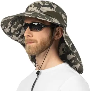 SUN CUBE Wide Brim Sun Hat with Neck Flap, Fishing Hiking for Men Women Safari, Neck Cover for Outdoor Sun Protection UPF50+ | Camo Green