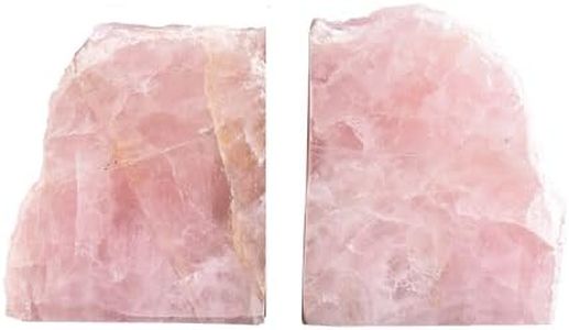 AMOYSTONE Heavy Duty Rose Quartz Bookends - Natural Stone Shelf Organizer with Non-Skid Base for Desks & Shelves (1 Pair, 6-8 LBS)