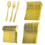 GJIE 150 Elegant Gold Plastic Cutlery Set - 50 Knives, 50 Forks, and 50 Spoons - Hand Washable and Reusable Heavy Duty Tableware for Weddings Birthday Party and Events (150 Pcs)