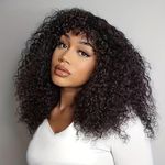 Short Human Hair Wig With Bangs Brazilian Bob Kinky Curly Virgin Human Hair Wig For Black Women 180% Density Curly Bob Wigs With Bangs Human Hair Natural Black Wigs With Bangs 16 Inch