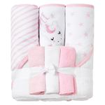 Viviland Baby Towels and Baby Wash Cloths Set Hooded Baby Towels Baby Wipes Absorbent Bath Face Towels Burp Cloths or Face Towels for Girl Boy 6-Pack Size 28 x 28 Inch, Pink Unicorn