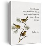 Bible Verse Print Canvas Wall Art Home Decor Bird Psalm 91:4 Scripture Painting 12x15 Canvas Poster Framed Ready to Hang Christian Gift