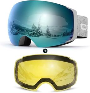 Odoland Magnetic Interchangeable Ski Goggles with 2 Lens, Large Spherical Frameless Snow Snowboard Goggles for Men Women, Gray frame light blue lens