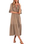 Mieazom Short Sleeves Maxi Dress for Women A Line Summer Dress V Neck Casual Loose Tiered Long Dresses with Pockets, Khaki, XL