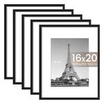 upsimples 16x20 Picture Frame Set of 5, Display Pictures 11x14 with Mat or 16x20 Without Mat, Wall Gallery Poster Frames, Black