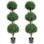 Two 66 Inch Artificial Boxwood Triple Ball Topiary Trees Potted UV Rated 5 and a Half Foot Tall