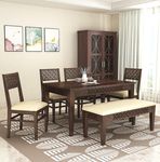 SONA ART & CRAFTS Solid Sheesham Wood Dining Table 6 Seater Dining Table Set with 4 Chairs & 1 Bench Dinner Table Set for Dinning Room Home, Hotel and Office (Walnut)