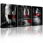 Red Wine Wall Art Wine Glass Pictures Wall Decor for Kitchen Red and Black Grey Cup Canvas Prints Vintage Wine Cask Paintings for Dining Room Contemporary Bar Artwork Home Decorations 7x10” 3 Pcs/Set