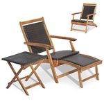 COSTWAY Folding Sun Lounger, Acacia Wood Rattan Deck Chair with Retractable Footrest, All-Weather Outdoor Chaise Lounge Patio Sunbed for Garden, Balcony and Poolside (Brown, with Wicker Side Table)