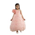 Ministitch one Shoulder Ruffled Gown with 3D Flowers and Butterflies for Girls- Peach