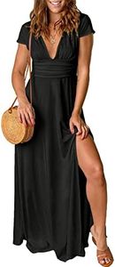 QUNERY Vestido Largo Mujer Manga Corta Vestido Mujer Verano Elegante Vestidos Cuello en V Dividido Verano para Fiesta en la Playa Negro L