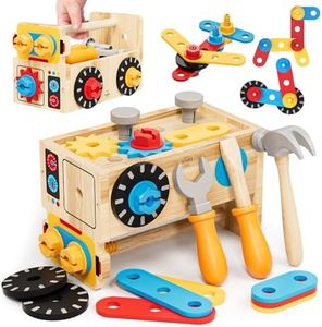 Lehoo Castle Wooden Kids Tool Set Construction Toys for 2 3 4 5 Year Old, Montessori Toys for 2+ Year Old, Stem Toddler Tool Set Pretend Play Educational Toy Gifts for 2-4 Boys & Girls