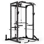 Synergee Power Rack Cage with Pulley System, J-Cups, Safety Arms, Pull Up Bar, Landmine & T Bar, Barbell Hold, Dip Station, LAT Bar & Straight Bar. Exercise Stand with 750lb Capacity.