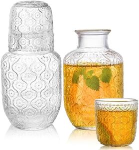 AVLA 4 Pcs Bedside Water Carafe and Glass Tumblers, 20 OZ Clear Nightstand Pitcher with 5 OZ Cup Set, Glass Mouthwash Decanter Vintage Elegant Glassware for Juice, Kitchen, Bedroom, Bar, Bathroom
