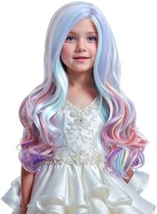 DUDUWIG 22inches Long Rainbow Wig for Kids Girls Long Curly Wig Multi-color Wig Lovely Color Synthetic Cosplay Hair Wig for kids Children