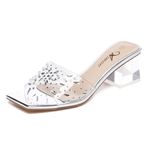 Athlefit Clear Heels for Women Low Block Chunky Heels 2 Inch Slip On Square Open Toe Heeled Sandals Comfortable Dress Prom Wedding Heels Pumps Shoes, Silver, 5.5