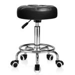Rolling Stool PU Leather Round - Ultra Soft Padded Seat Cushion Stool with Wheels with Footrest, Strong Weight Capacity 350lb,Adjustable Swivel Stool for Tattoo Massage Salon Office Spa Home (Black)