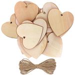 Kurtzy 50 Pack of Wooden Hearts with 10m Natural Twine - 10x10cm Unfinished Wooden Shaped Heart Set with Holes - Decorations for Weddings, Parties, Anniversaries, Personalised Gifts, Arts and Crafts