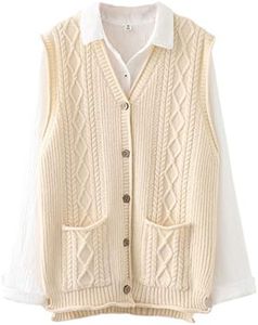 Minibee Women's Sweater Vest Casual Sleeveless Cardigan V-Neck Button Down Vest with Pockets, Beige, Medium