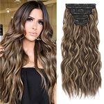 REECHO Hair Extensions, 4PCS Clip in Hair Extensions Natural Soft Synthetic Hairpieces for Women, Chocolate Brown with Blonde Highlights