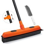 JEHONN Rubber Broom with Squeegee, Pet Hair Remover 134 cm Long Handle, Push Fur Removal Tool with Portable Detailing Lint Brush for Fluff Carpet, Window, Tile, Hardwood Floor Cleaning (Orange)