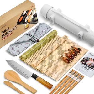 ISSEVE Sushi Making Kit Sushi Bazooka Maker with Bamboo Mats and Chopsticks, Paddle, Spreader, Sushi Knife, DIY Sushi Roller Machine