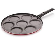 NIRLON Non Stick Aluminium 7 Cavity Appam/Uttapam/Pan Cake Maker Uttapam Tawawith Handle [3mm Classic_UP7] (Red_UP7)