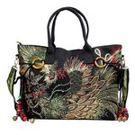 Shoulder Handbags for Women, Ethnic Travel Hobo Bags with Glitter Sequins, Phoenix Embroidery, Big black, Large