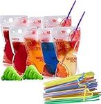 Reusable Drink Pouches - (402 Piece Set) 200 Clear Drink Bags + 200 Straws - 16 oz BPA Free - Double Zipper Reusable Smoothie Juice, Clear Zipper Pouch Storage with No Leaks, Environmentally Friendly