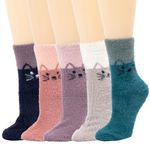 5 Pairs Fuzzy Cat Socks for Women,Cute Cotton Socks for Christmas Gifts,Soft and Warm Cozy Comfort Thick Winter Socks (Cat-Fuzzy)