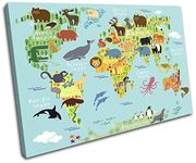 Bold Bloc Design - Animal Kids Nursery World Maps Flags 135x90cm SINGLE Canvas Art Print Box Framed Picture Wall Hanging - Hand Made In The UK - Framed And Ready To Hang