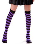 Women’s Extra Long Striped Socks Over Knee High Opaque Stockings (Black & Purple)